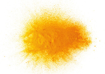 Turmeric scattered powder pile isolated on white, top view	