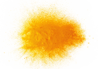 Turmeric scattered powder pile isolated on white, top view	