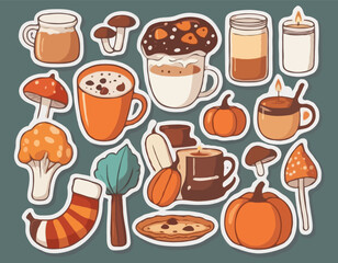 Autumn sticker set. Cozy fall icons. Scarf, candles, hot cocoa, socks, pie, pumpkin spice latte, mug, jam, leaves, mushrooms. Cute autumn holiday elements. Vector flat illustration.