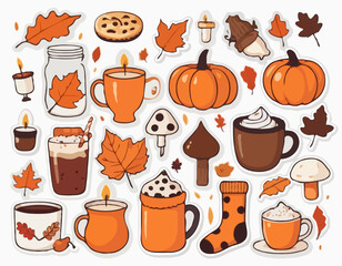 Autumn sticker set. Cozy fall icons. Scarf, candles, hot cocoa, socks, pie, pumpkin spice latte, mug, jam, leaves, mushrooms. Cute autumn holiday elements. Vector flat illustration.