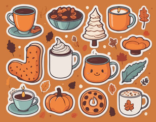 Autumn sticker set. Cozy fall icons. Scarf, candles, hot cocoa, socks, pie, pumpkin spice latte, mug, jam, leaves, mushrooms. Cute autumn holiday elements. Vector flat illustration.