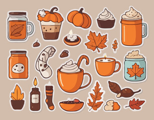 Autumn sticker set. Cozy fall icons. Scarf, candles, hot cocoa, socks, pie, pumpkin spice latte, mug, jam, leaves, mushrooms. Cute autumn holiday elements. Vector flat illustration.