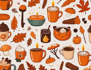 Autumn sticker set. Cozy fall icons. Scarf, candles, hot cocoa, socks, pie, pumpkin spice latte, mug, jam, leaves, mushrooms. Cute autumn holiday elements. Vector flat illustration.