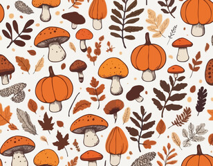 Hand drawn vector collection autumn elements. Fall leaves, mushrooms, maple, acorns, berries, oak, pumpkins. Harvest time. Modern trendy illustration. Autumn floral stickers.