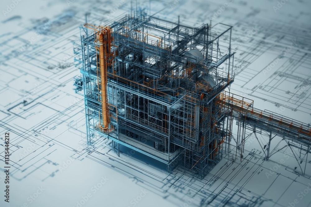 Poster abstract digital visualization of a 3d structure featuring technical overlays and blueprints