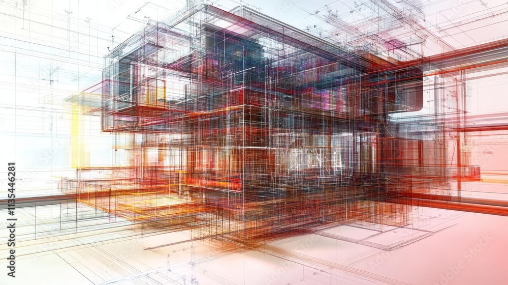 Poster abstract digital visualization of 3d structure featuring technical overlays and detailed blueprints
