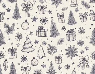 Set of coquette hand drawn Christmas doodles. Vintage ink drawings sketch style. Christmas tree branches, gift, bows, stars, winter holiday pattern, stocking, Christmas tree toys, snowflakes.