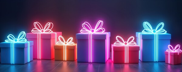 Neon glowing presents with LED bows. Virtual gift exchange in VR. Colorful festive presents stacked in virtual space. Playful, immersive holiday celebration. Virtual world experience. Digital art.