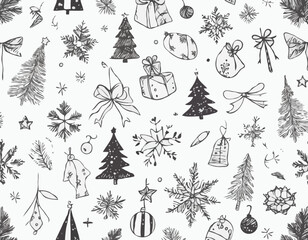Set of coquette hand drawn Christmas doodles. Vintage ink drawings sketch style. Christmas tree branches, gift, bows, stars, winter holiday pattern, stocking, Christmas tree toys, snowflakes.