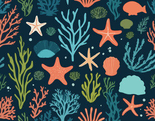 Set of coral and seaweed. Hand drawn aquarium plants, underwater ocean flora, seashell, algae, starfish. Vector marine plants and animals of the seabed. Flat cartoon illustration.