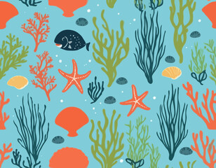 Set of coral and seaweed. Hand drawn aquarium plants, underwater ocean flora, seashell, algae, starfish. Vector marine plants and animals of the seabed. Flat cartoon illustration.