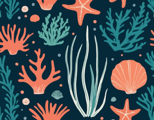 Set of coral and seaweed. Hand drawn aquarium plants, underwater ocean flora, seashell, algae, starfish. Vector marine plants and animals of the seabed. Flat cartoon illustration.