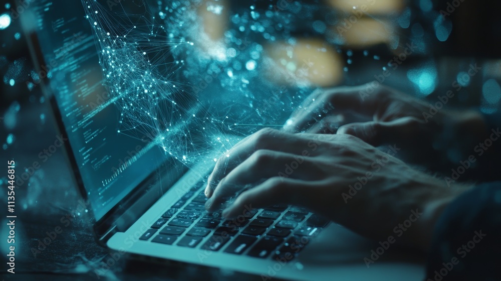 Aufkleber close up of hands typing on laptop with digital connections and abstract tech elements in background