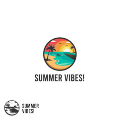 A simple summer vibes logo. Featuring a beach, sunset, palm tree and a dock.