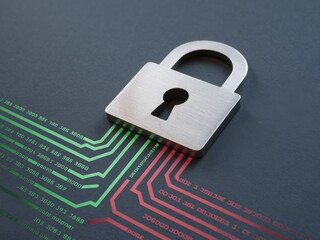 A metallic padlock on a dark background with green and red data lines, symbolizing cybersecurity.