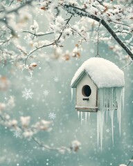 Birdhouse on a branch in winter