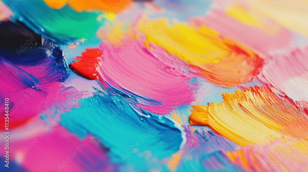 Poster a vivid array of paint dollops on a palette, bursting with color and creativity, set against a soft,