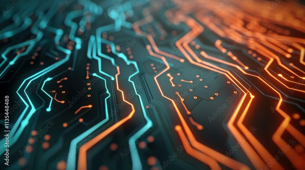 Poster futuristic circuit board design that showcases advanced processing technology against a sleek black 