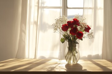 Fototapeta premium Sunlit vase of red roses and baby s breath on a wooden table by the window with white walls