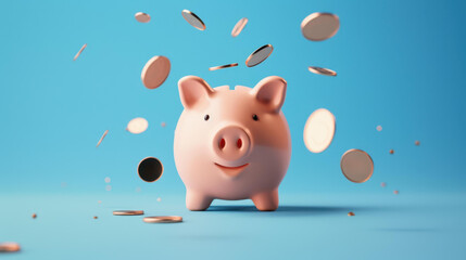 A charming ceramic piggy bank sits amid scattered coins, perfectly symbolizing the joy of saving money against a blue backdrop.
