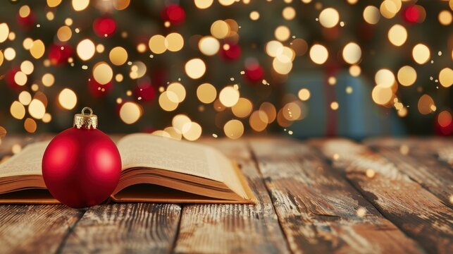 A festive Christmas book beside a beautifully decorated tree, perfect for a cozy winter study session or a holiday read.