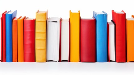 A row of hardcover books stands out against a white backdrop, showcasing the essence of education and knowledge.