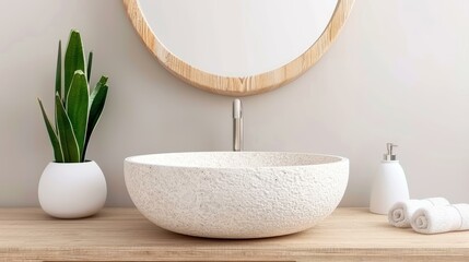 A chic bathroom featuring a stone wash basin on a sleek wooden cabinet, complemented by a stylish round mirror.