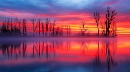 Naklejka premium A stunning misty sunrise casts ethereal hues over the swamp, with dramatic clouds creating a serene, tranquil atmosphere.