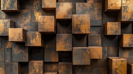 Abstract Rusty Cube Composition: A Textured Bronze and Brown 3D Pattern