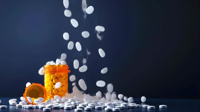 Pain relief in a bottle, opioid medication spilling on a deep blue backdrop, Ai Generated.