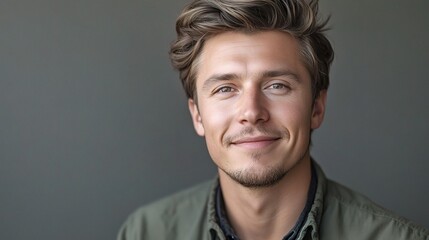 Obraz premium Young Handsome Man Smiling in Close-Up Portrait with Natural Light