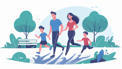 Illustration of A couple and their children jogged happily in the park 