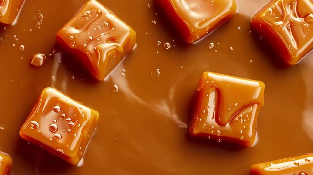 Decadent caramel candies drizzled with sauce, forming a sweet background. Tempting texture, Ai Generated.