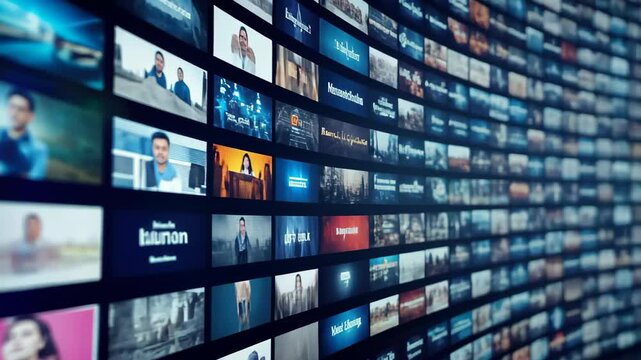 Multiple television screens displaying various TV channels, embodying the dynamic media concept, Ai Generated.