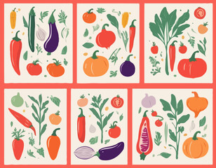 Set of abstract art poster in vegetables. Hand drawn red peppers, pumpkin, tomato and onion, zucchini, corn, eggplant. Vector illustration for card, brochure, cover.