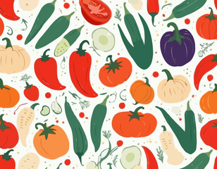Set of abstract art poster in vegetables. Hand drawn red peppers, pumpkin, tomato and onion, zucchini, corn, eggplant. Vector illustration for card, brochure, cover.