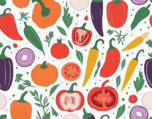 Set of abstract art poster in vegetables. Hand drawn red peppers, pumpkin, tomato and onion, zucchini, corn, eggplant. Vector illustration for card, brochure, cover.
