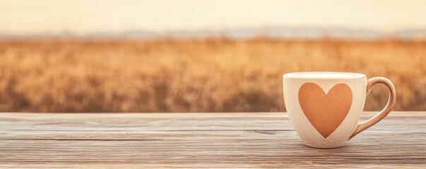 Coffee cup with heart design on wooden table.