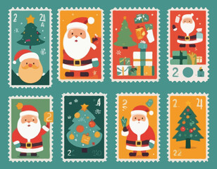 Christmas postage stamps with holiday symbols and elements of decoration for envelopes. New Year stickers with Santa Claus, Christmas tree, gifts. Vector flat illustration.