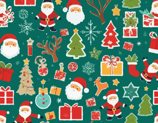 Christmas postage stamps with holiday symbols and elements of decoration for envelopes. New Year stickers with Santa Claus, Christmas tree, gifts. Vector flat illustration.