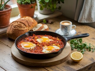 A skillet with eggs in tomato sauce, accompanied by bread, coffee, and a lemon slice.