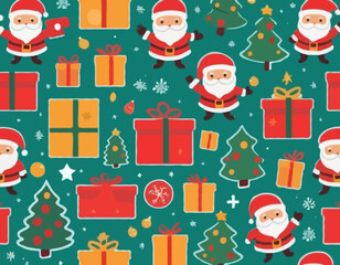 Christmas postage stamps with holiday symbols and elements of decoration for envelopes. New Year stickers with Santa Claus, Christmas tree, gifts. Vector flat illustration.