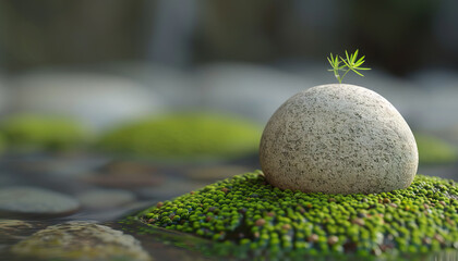 Grey Stone, Green Moss, and Sprout in a Natural Setting