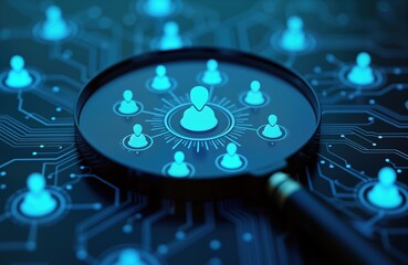 Magnifying glass focuses on manager icon surrounded by staff icons. Modern tech recruitment concept. Diverse staff members connected in network. HR management for corporate environment. Leadership,