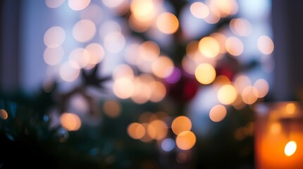 Fototapeta premium A warm and cozy Christmas scene with a blurred bokeh of twinkling lights on a Christmas tree, and a glowing candle in the foreground. Perfect for holiday cards, social media posts, and seasonal market
