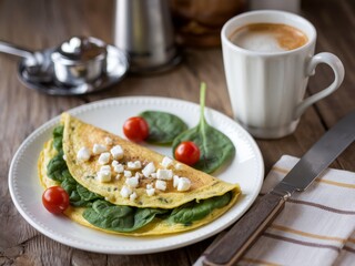 A delicious spinach and feta omelette served with cherry tomatoes and coffee.