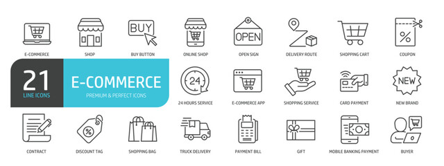 Set of line icons related to user e-commerce, online shop, market, store. Outline icons collection. Editable stroke. Vector illustration.