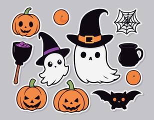 Halloween cute element set. Hat, ghost, bat, candy, fun pumpkins, witch's cauldron, spider. Perfect for stickers, greeting card, party invitation, poster. Hand drawn flat vector illustration.