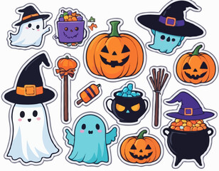 Halloween cute element set. Hat, ghost, bat, candy, fun pumpkins, witch's cauldron, spider. Perfect for stickers, greeting card, party invitation, poster. Hand drawn flat vector illustration.