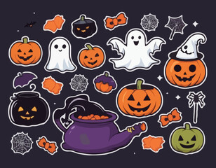 Halloween cute element set. Hat, ghost, bat, candy, fun pumpkins, witch's cauldron, spider. Perfect for stickers, greeting card, party invitation, poster. Hand drawn flat vector illustration.